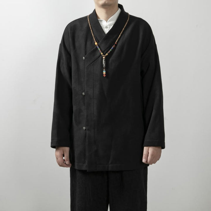 Camisa de algodón jacquard de manga larga con cuello en V y color liso para hombre con Buddha Stones