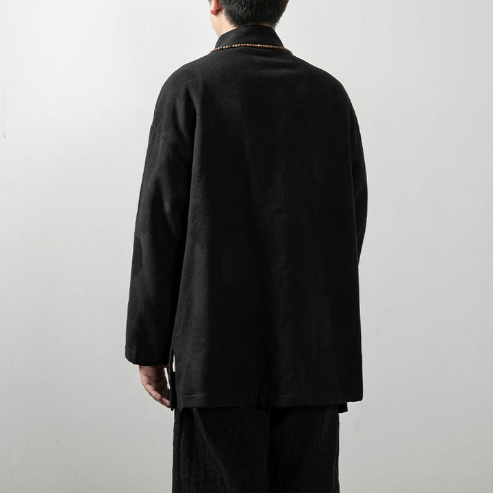 Camisa de algodón jacquard de manga larga con cuello en V y color liso para hombre con Buddha Stones