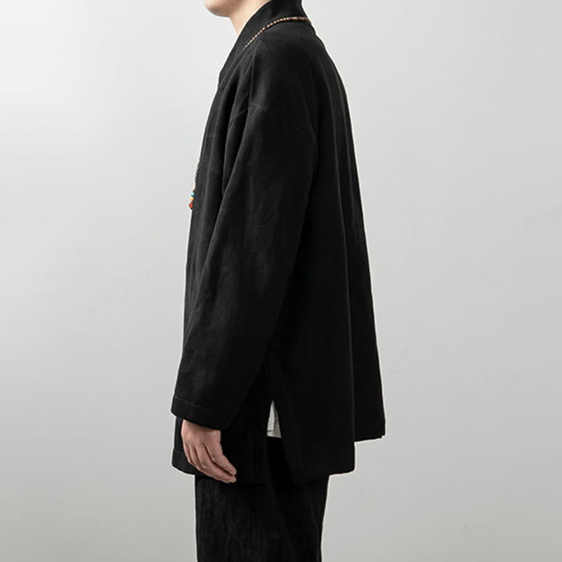 Camisa de algodón jacquard de manga larga con cuello en V y color liso para hombre con Buddha Stones