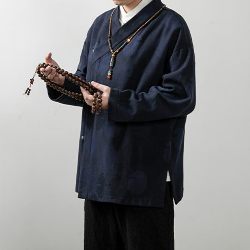 Camisa de algodón jacquard de manga larga con cuello en V y color liso para hombre con Buddha Stones