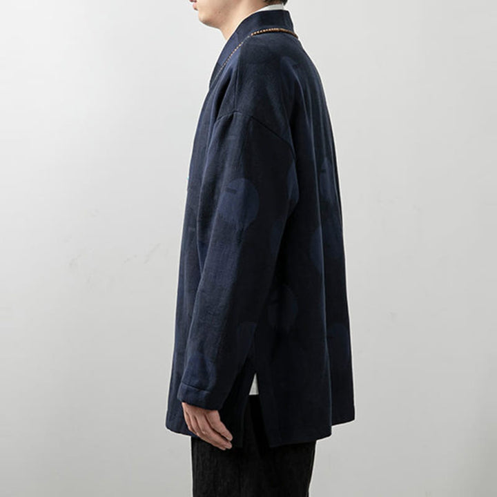 Camisa de algodón jacquard de manga larga con cuello en V y color liso para hombre con Buddha Stones