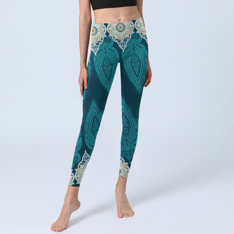 Leggings de fitness para gimnasio con estampado de flores y plumas verdes y piedras de Buddha Stones para mujer - image 6