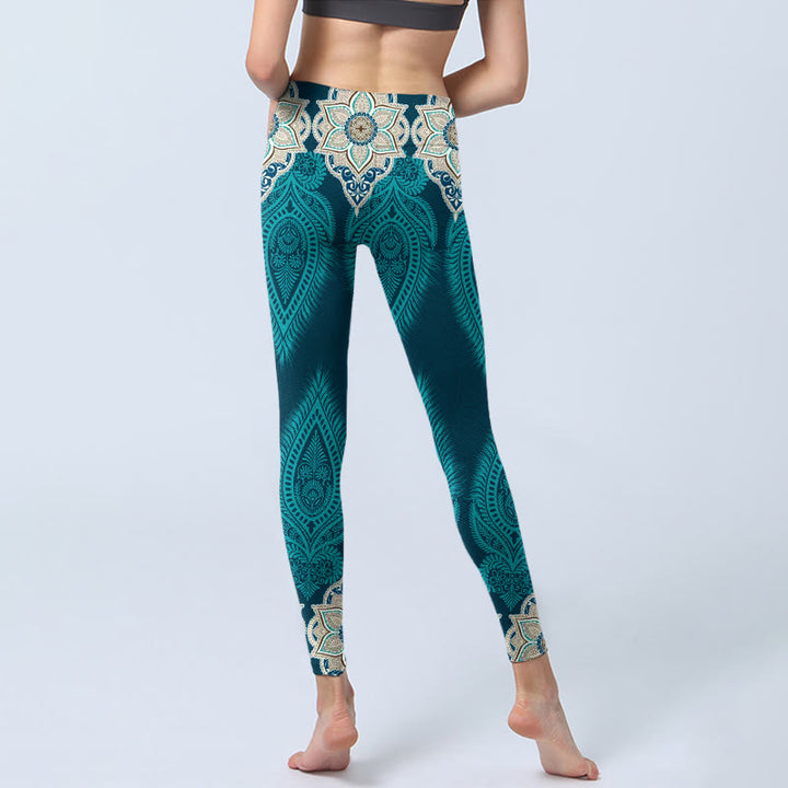 Leggings de fitness para gimnasio con estampado de flores y plumas verdes y piedras de Buddha Stones para mujer - image 7