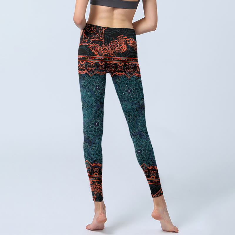 Leggings de fitness para gimnasio con estampado de flores de mandala verde y Buddha Stones para mujer - image 7