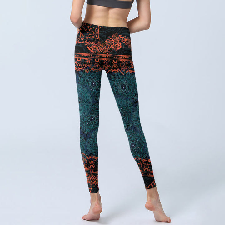 Leggings de fitness para gimnasio con estampado de flores de mandala verde y Buddha Stones para mujer - image 7