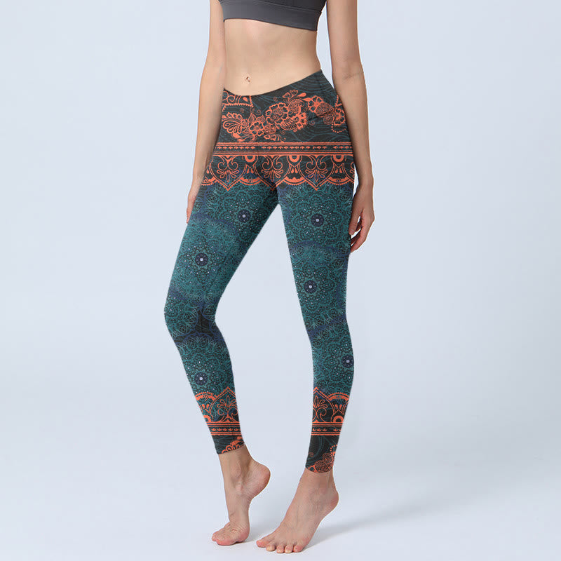 Leggings de fitness para gimnasio con estampado de flores de mandala verde y Buddha Stones para mujer - Cadete Azul - US18,UK/AU22,EU50 (4XL) - image 1