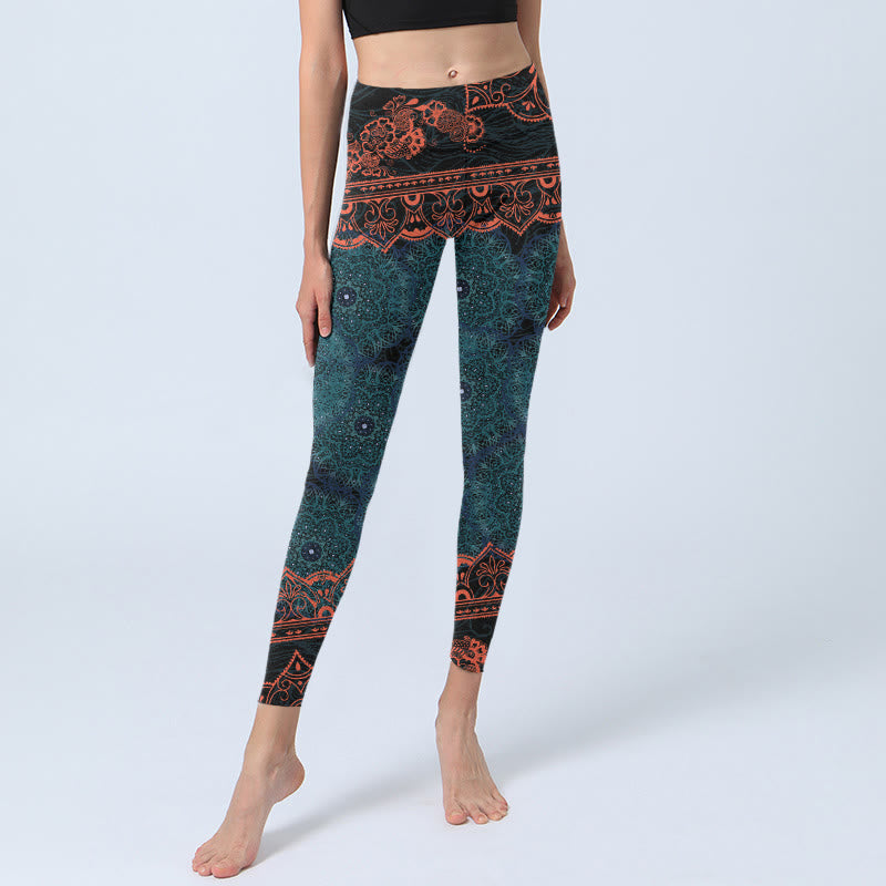Leggings de fitness para gimnasio con estampado de flores de mandala verde y Buddha Stones para mujer - image 6