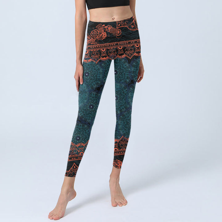 Leggings de fitness para gimnasio con estampado de flores de mandala verde y Buddha Stones para mujer - image 6