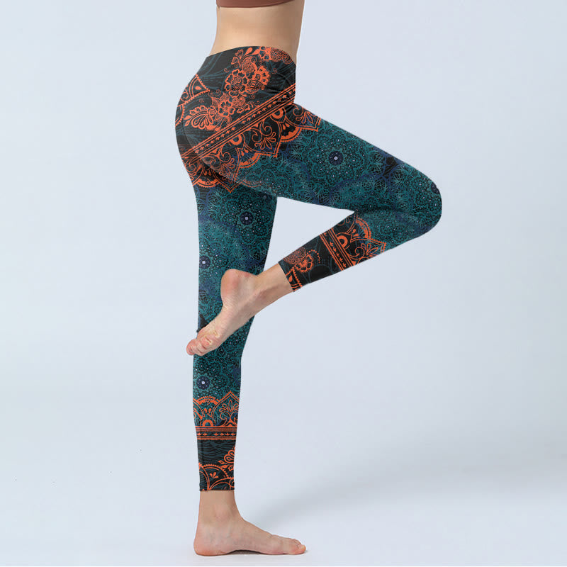 Leggings de fitness para gimnasio con estampado de flores de mandala verde y Buddha Stones para mujer - image 4