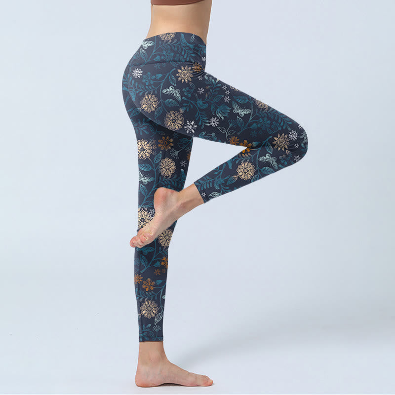 Leggings de fitness para gimnasio con estampado de hojas y flores de aster de Buddha Stones New York para mujer - image 4