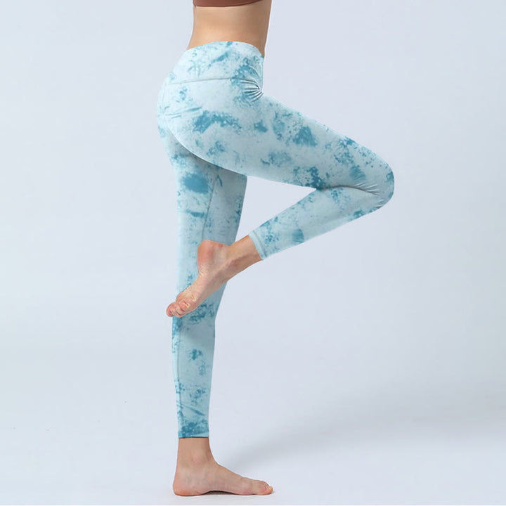 Leggings de fitness para gimnasio con estampado tie-dye en azul claro y Buddha Stones para mujer - image 4
