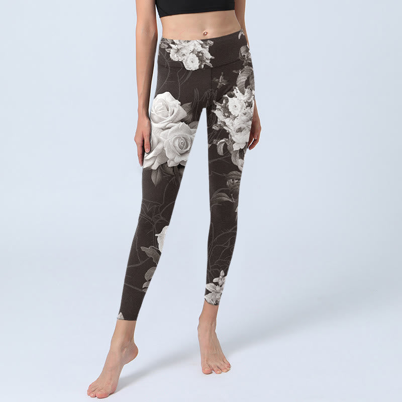Leggings de fitness para gimnasio con estampado de rosas blancas y grises y Buddha Stones para mujer - image 6