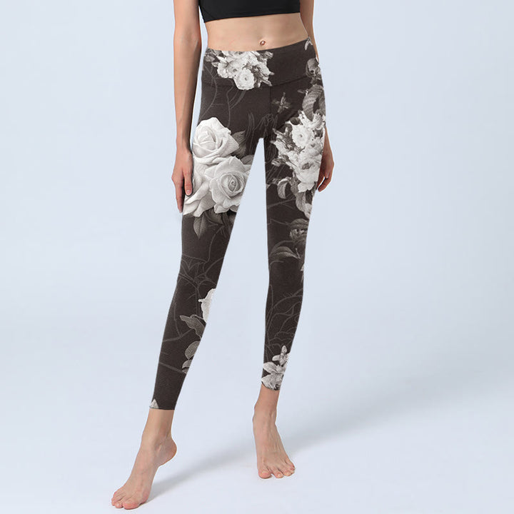 Leggings de fitness para gimnasio con estampado de rosas blancas y grises y Buddha Stones para mujer - image 6