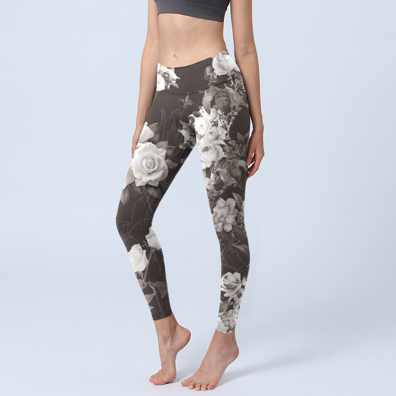 Leggings de fitness para gimnasio con estampado de rosas blancas y grises y Buddha Stones para mujer - Gris - US18,UK/AU22,EU50 (4XL) - image 1
