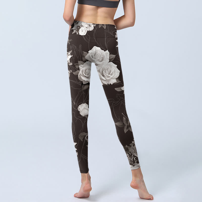 Leggings de fitness para gimnasio con estampado de rosas blancas y grises y Buddha Stones para mujer - image 7