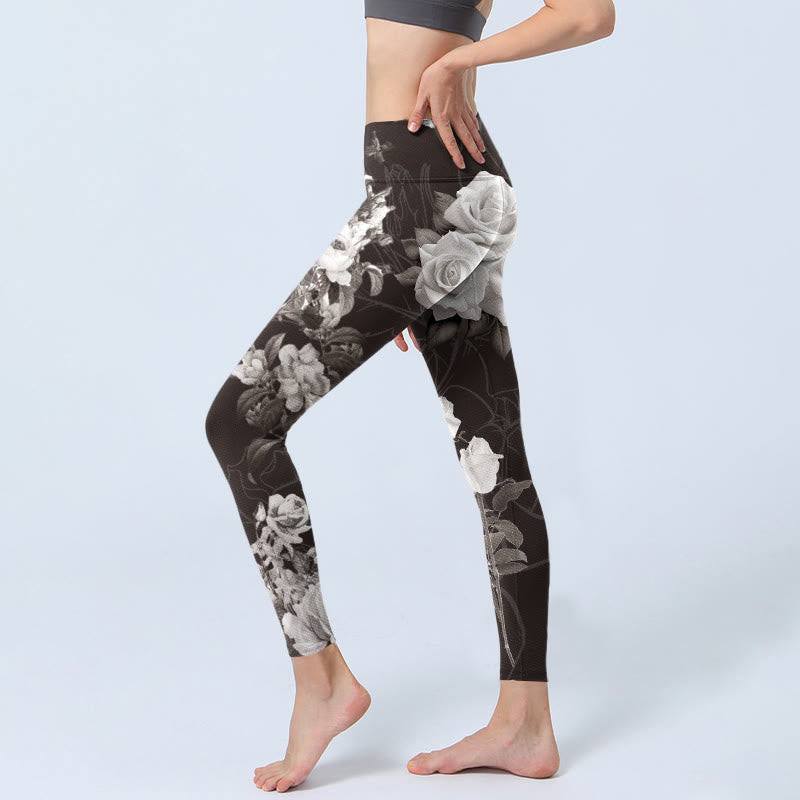 Leggings de fitness para gimnasio con estampado de rosas blancas y grises y Buddha Stones para mujer - image 3