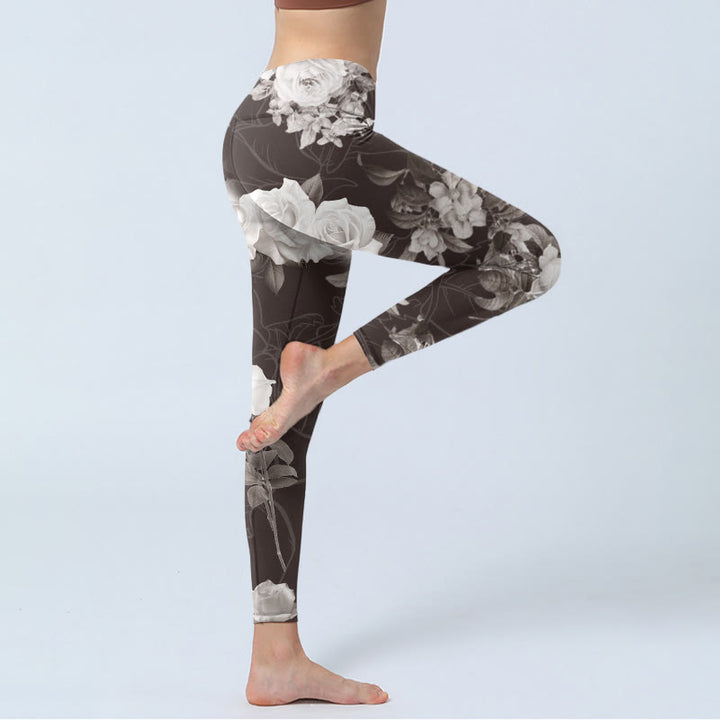 Leggings de fitness para gimnasio con estampado de rosas blancas y grises y Buddha Stones para mujer - image 4