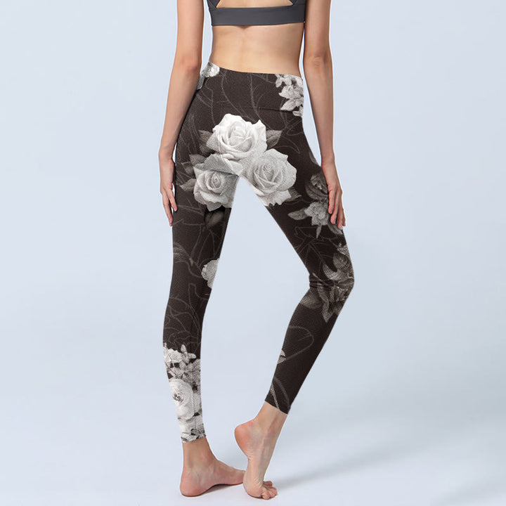 Leggings de fitness para gimnasio con estampado de rosas blancas y grises y Buddha Stones para mujer - image 5