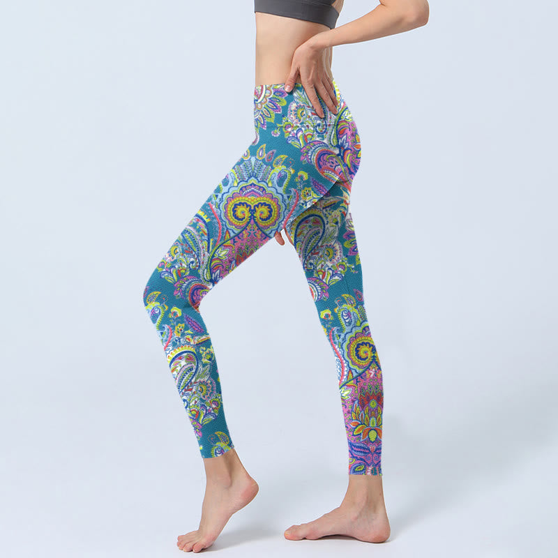Leggings de fitness para gimnasio con estampado de flores azules, rosas y verdes con Buddha Stones para mujer - image 3