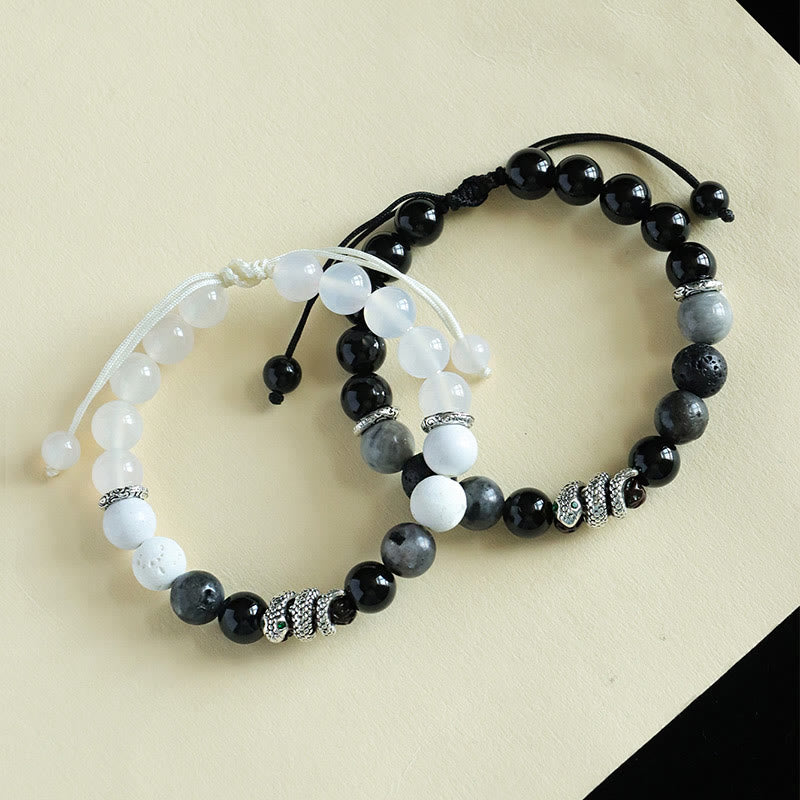 Pulsera de protección del año de la serpiente con Buddha Stones, ónix negro, piedra brillante negra, ágata blanca y turquesa blanca