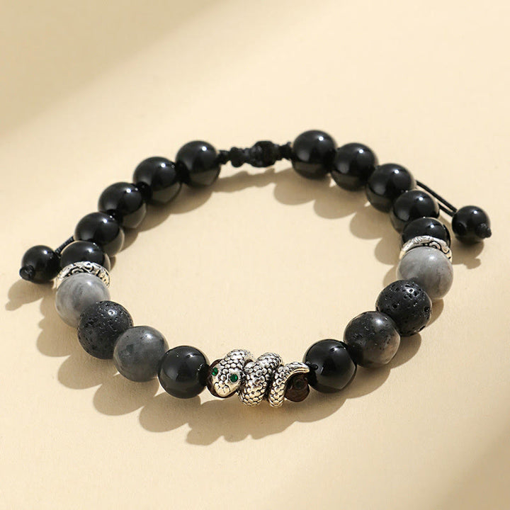 Pulsera de protección del año de la serpiente con Buddha Stones, ónix negro, piedra brillante negra, ágata blanca y turquesa blanca