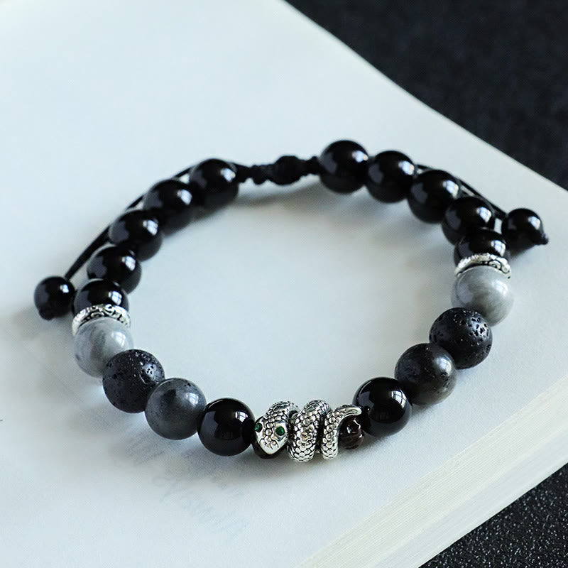 Pulsera de protección del año de la serpiente con Buddha Stones, ónix negro, piedra brillante negra, ágata blanca y turquesa blanca