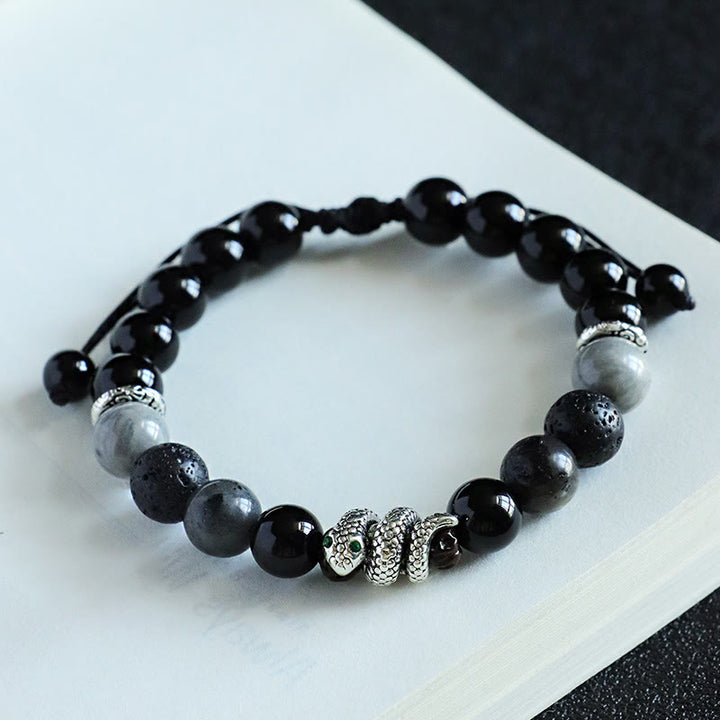 Pulsera de protección del año de la serpiente con Buddha Stones, ónix negro, piedra brillante negra, ágata blanca y turquesa blanca