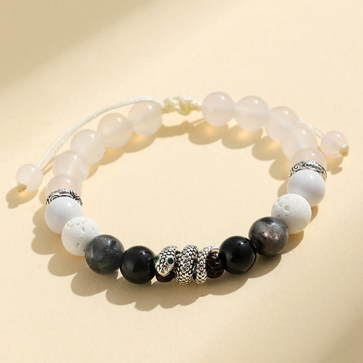 Pulsera de protección del año de la serpiente con Buddha Stones, ónix negro, piedra brillante negra, ágata blanca y turquesa blanca