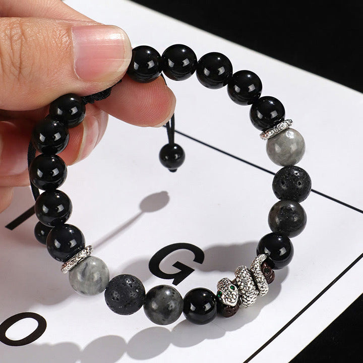 Pulsera de protección del año de la serpiente con Buddha Stones, ónix negro, piedra brillante negra, ágata blanca y turquesa blanca