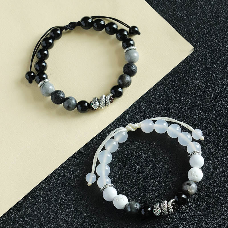 Pulsera de protección del año de la serpiente con Buddha Stones, ónix negro, piedra brillante negra, ágata blanca y turquesa blanca