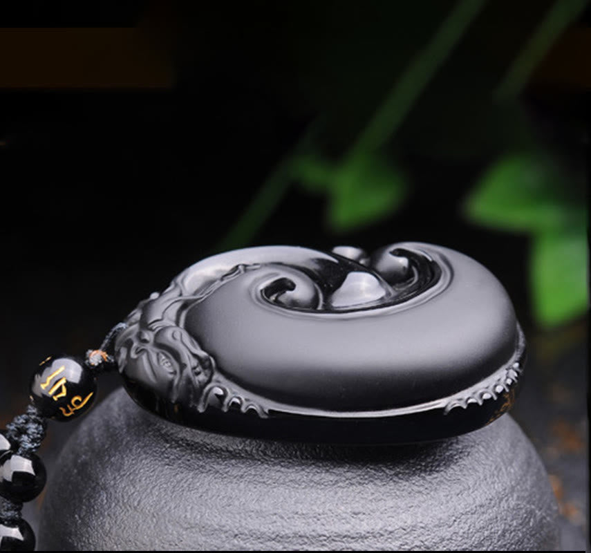 Collar con colgante de fuerza con patrón ovalado de PiXiu de obsidiana negra natural y Buddha Stones - image 8