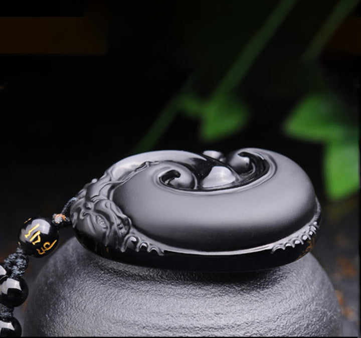 Collar con colgante de fuerza con patrón ovalado de PiXiu de obsidiana negra natural y Buddha Stones - image 8