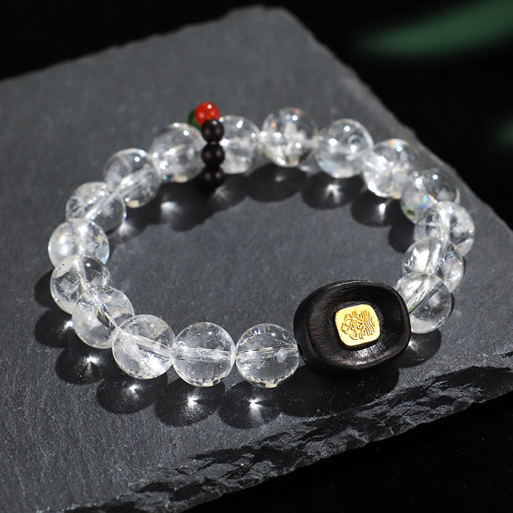 Pulsera curativa de Buddha Stones, cristal blanco y madera de ébano Sak Yant Zashi Lhamo