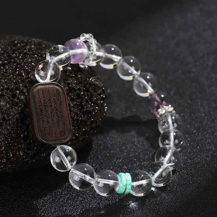 Pulsera curativa de Buddha Stones, cristal blanco y madera de ébano Sak Yant Zashi Lhamo