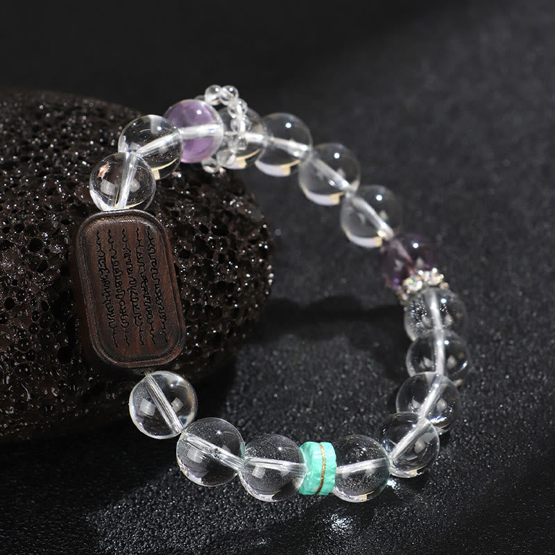 Pulsera curativa de Buddha Stones, cristal blanco y madera de ébano Sak Yant Zashi Lhamo