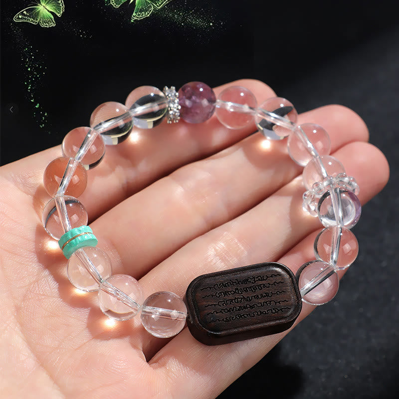 Pulsera curativa de Buddha Stones, cristal blanco y madera de ébano Sak Yant Zashi Lhamo