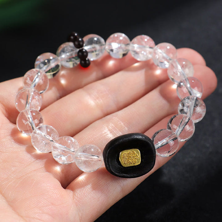 Pulsera curativa de Buddha Stones, cristal blanco y madera de ébano Sak Yant Zashi Lhamo