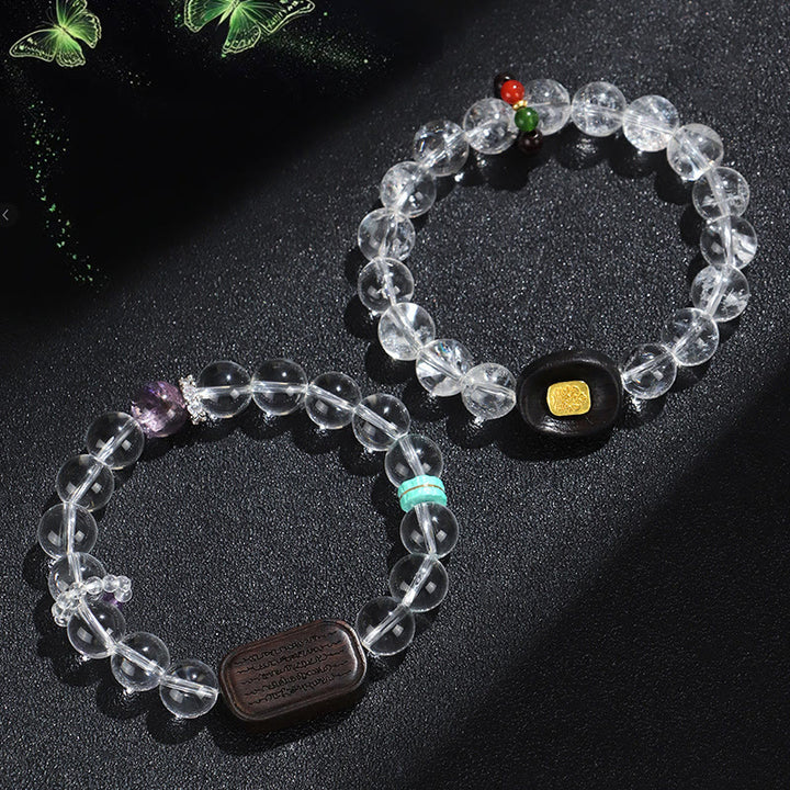 Pulsera curativa de Buddha Stones, cristal blanco y madera de ébano Sak Yant Zashi Lhamo