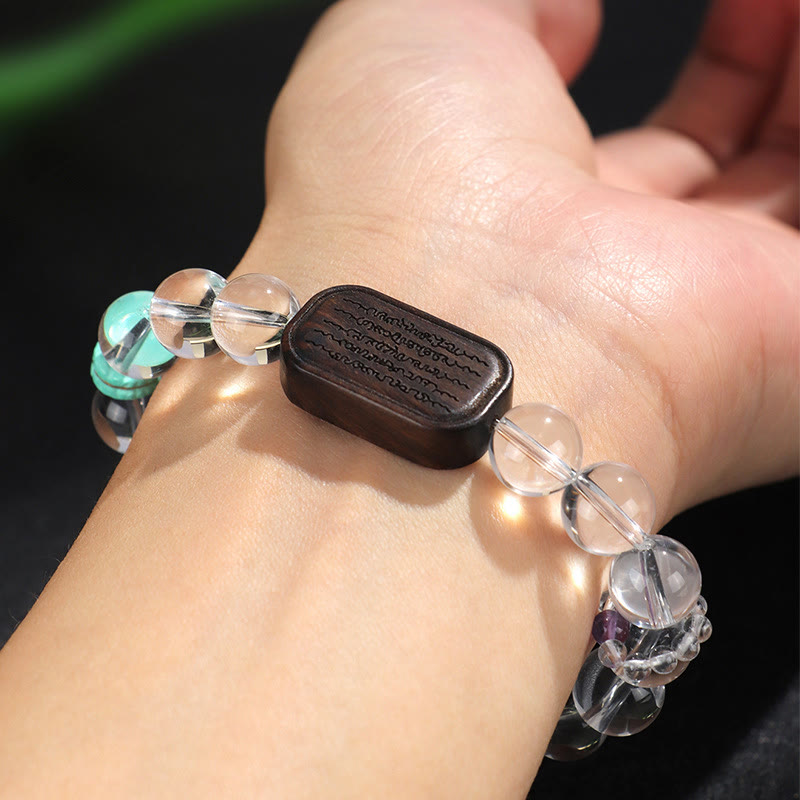Pulsera curativa de Buddha Stones, cristal blanco y madera de ébano Sak Yant Zashi Lhamo