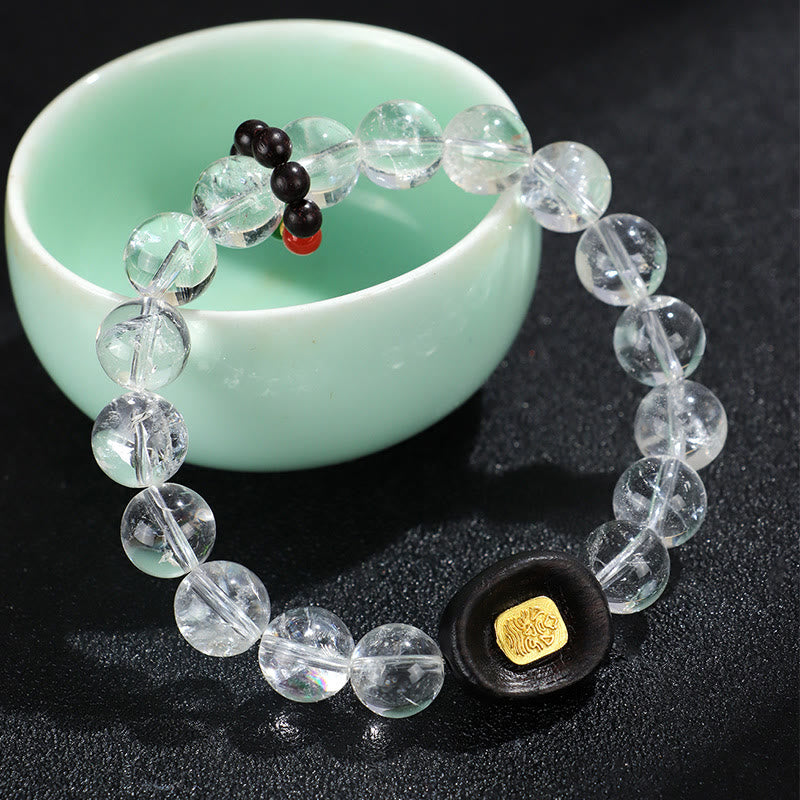 Pulsera curativa de Buddha Stones, cristal blanco y madera de ébano Sak Yant Zashi Lhamo