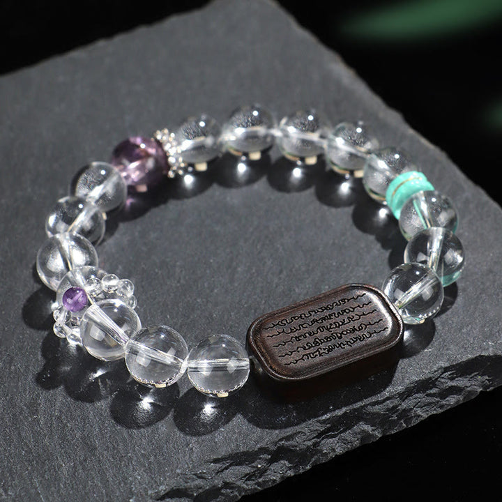 Pulsera curativa de Buddha Stones, cristal blanco y madera de ébano Sak Yant Zashi Lhamo