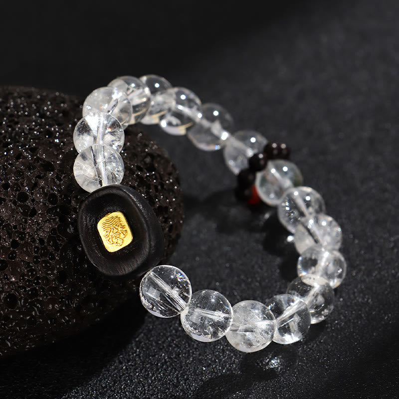 Pulsera curativa de Buddha Stones, cristal blanco y madera de ébano Sak Yant Zashi Lhamo