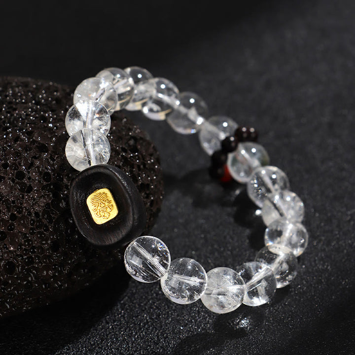 Pulsera curativa de Buddha Stones, cristal blanco y madera de ébano Sak Yant Zashi Lhamo