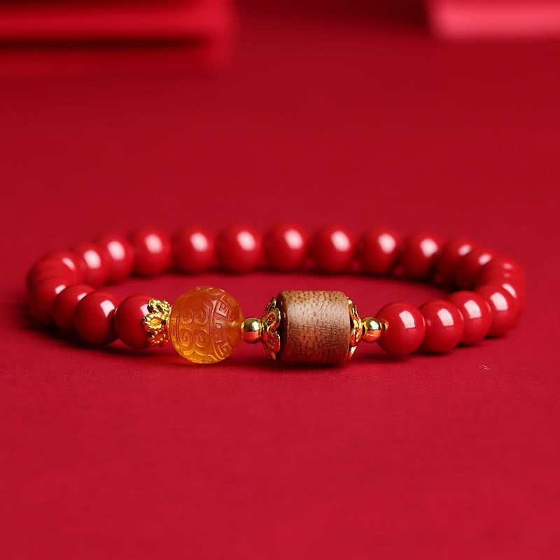 Pulsera de bendición de madera de agar, ámbar, cinabrio y Buddha Stones