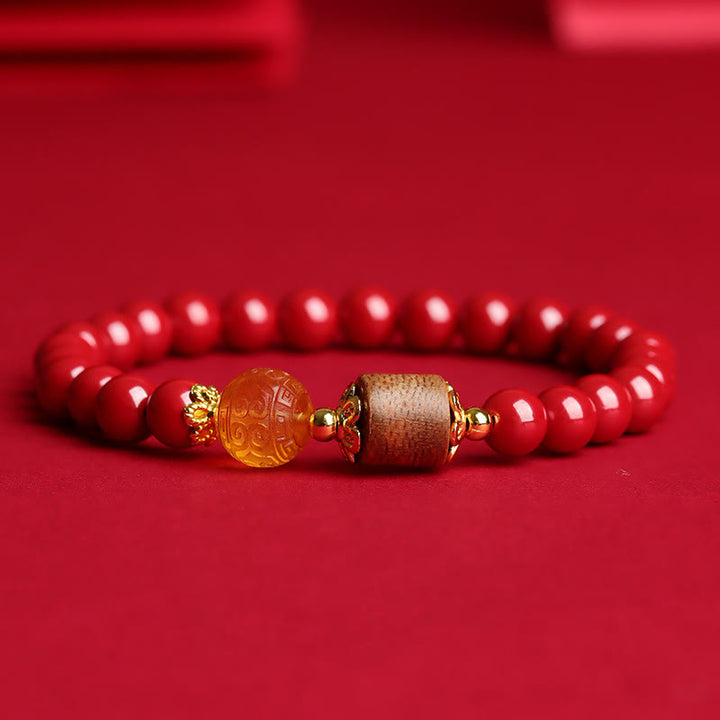 Pulsera de bendición de madera de agar, ámbar, cinabrio y Buddha Stones