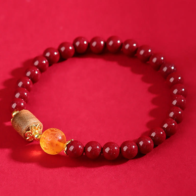 Pulsera de bendición de madera de agar, ámbar, cinabrio y Buddha Stones