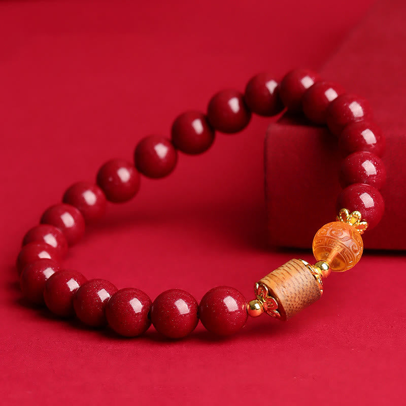 Pulsera de bendición de madera de agar, ámbar, cinabrio y Buddha Stones