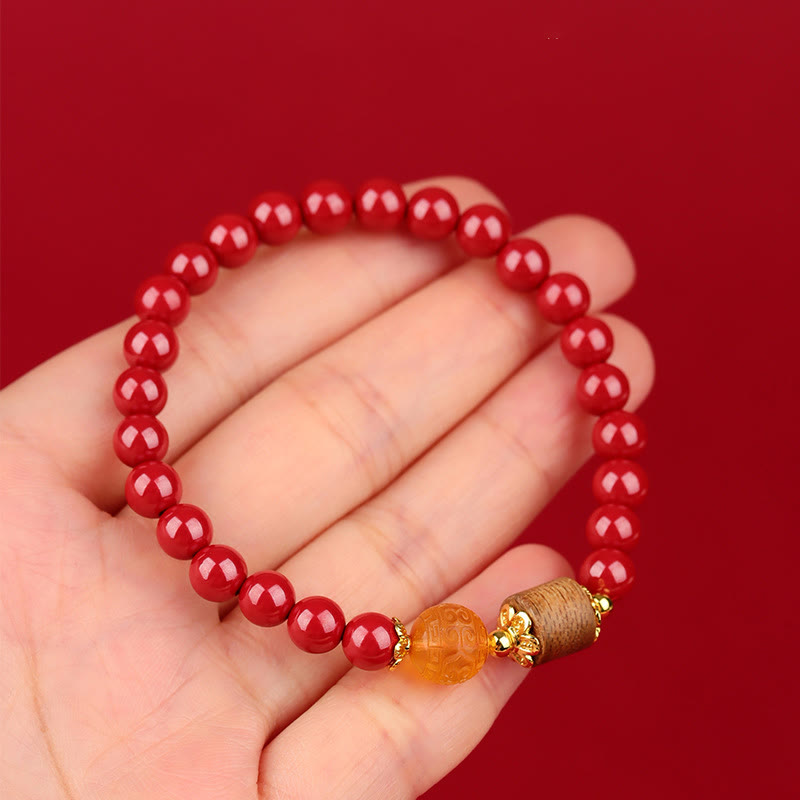 Pulsera de bendición de madera de agar, ámbar, cinabrio y Buddha Stones
