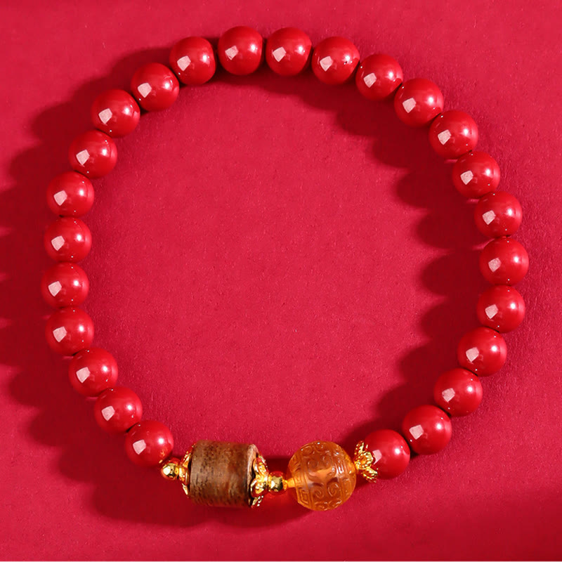 Pulsera de bendición de madera de agar, ámbar, cinabrio y Buddha Stones