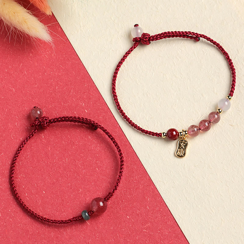 Pulsera positiva con hilo rojo, ágata blanca, jade y cuarzo fresa natural de Buddha Stones